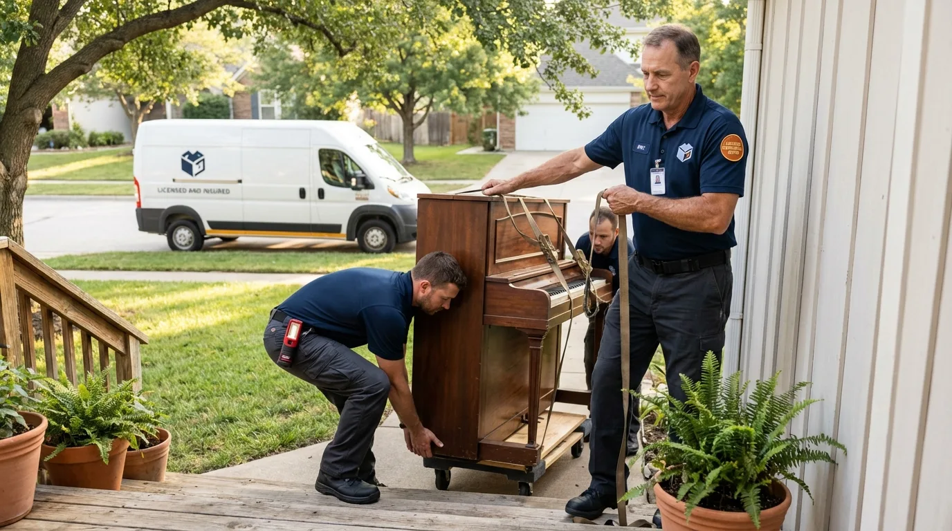 Licensed piano movers securing grand piano in Buffalo, MO