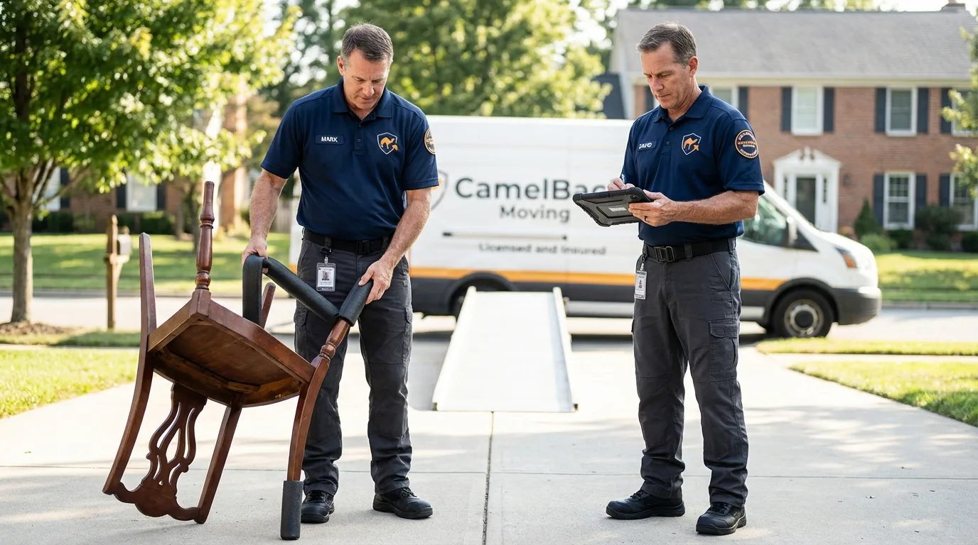 Movers inspecting furniture for damage prevention before loading in Buffalo, MO