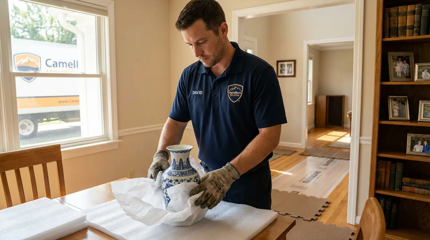 Professional crew carefully wrapping antique vase for senior downsizing move in Buffalo, MO